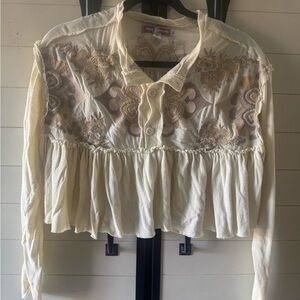 Urban Outfitters Cream Button-Front Embroidered Cropped Peasant Top